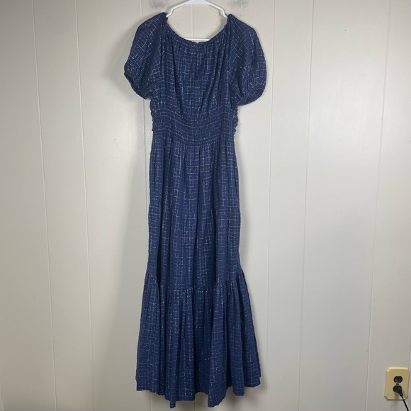 Never Fully Dressed Navy Metallic Grid Puff Sleeve Maxi‎ Dress XS - Picture 2 of 9